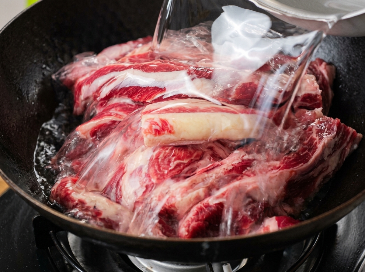 Cold water being poured from a container over raw beef ribs resting inside a dark wok.