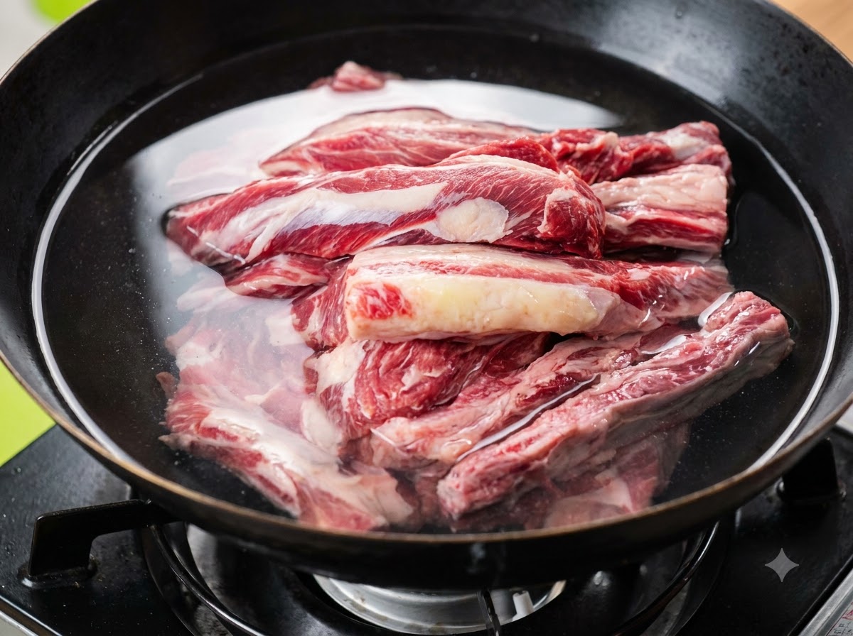 Raw beef ribs submerged in cold water in a wok, accompanied by sliced ginger and tied green onions.