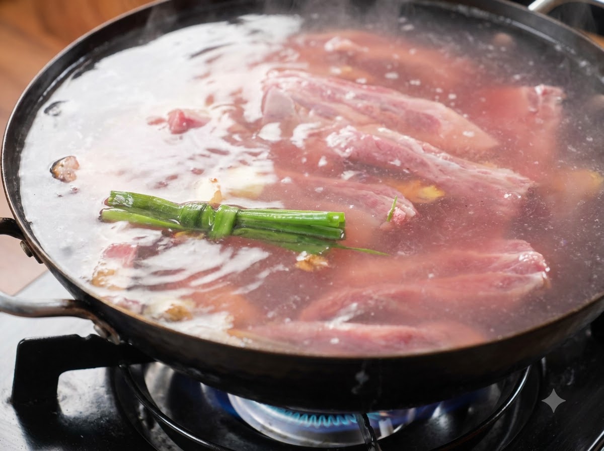 Beef ribs simmering in water inside a wok on a gas burner, with steam rising from the hot liquid.