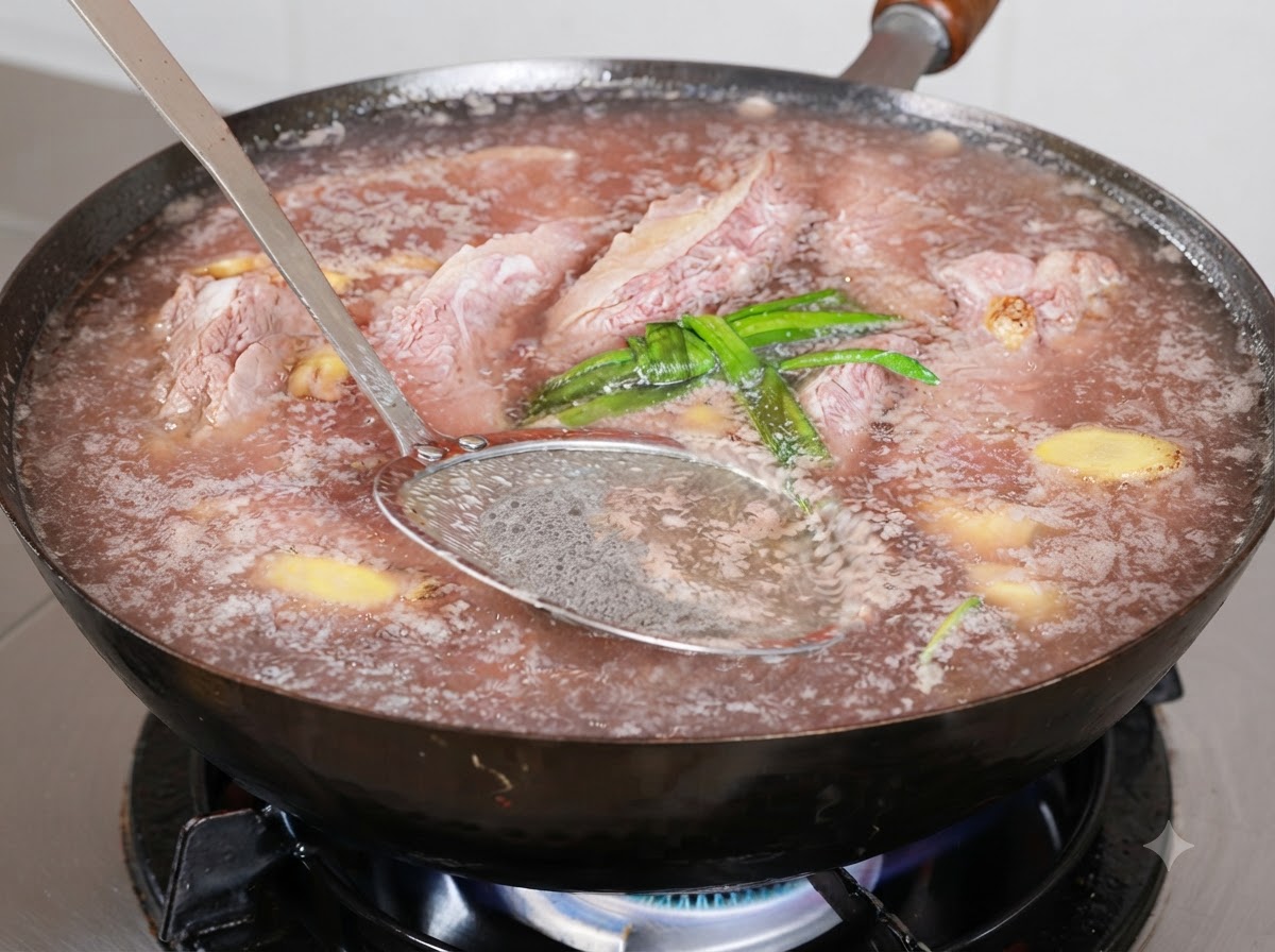 A metal skimmer removing brown foam from the surface of boiling beef broth in a wok.
