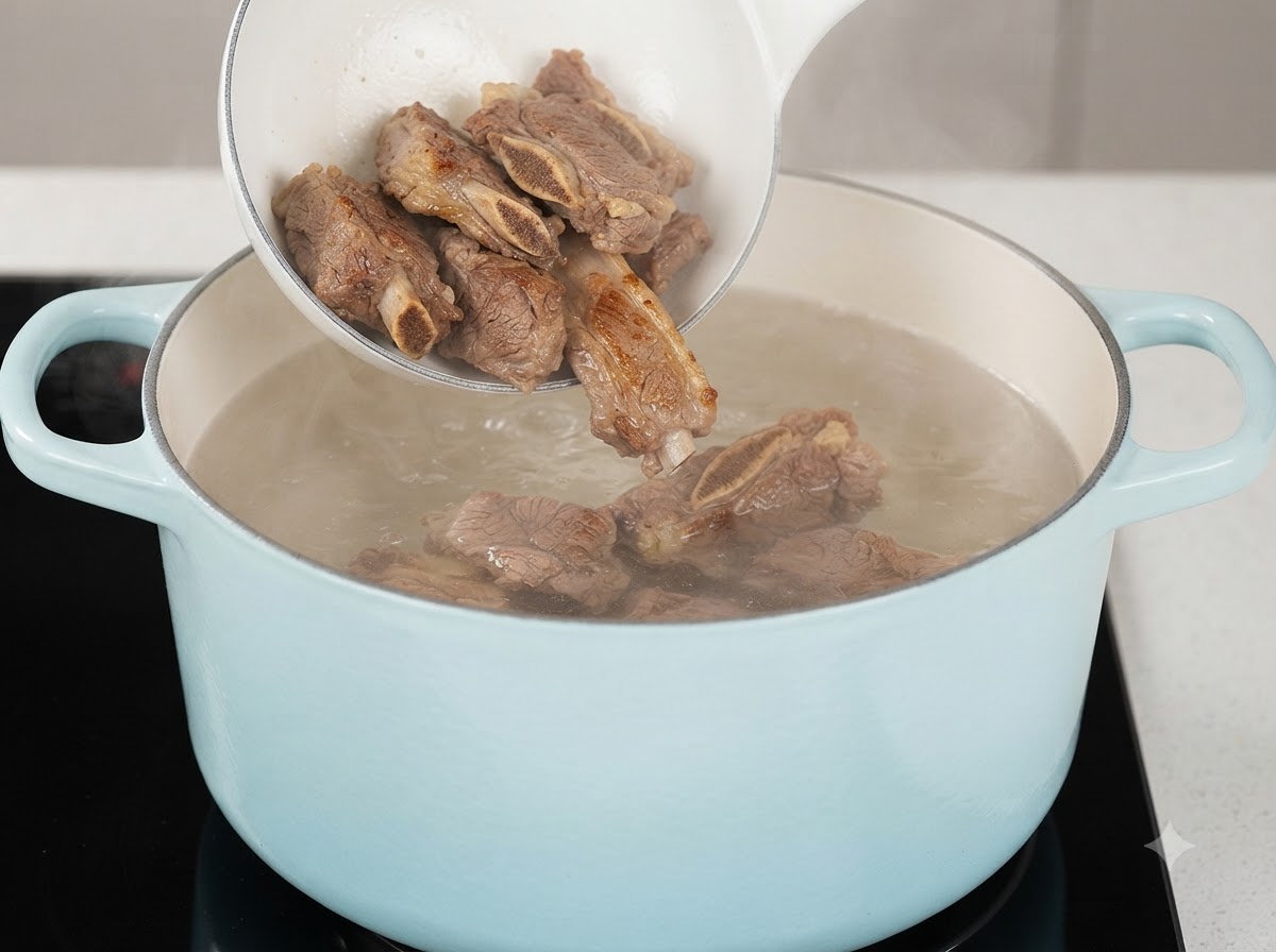 A ladle transferring cooked beef rib pieces into a light blue pot filled with boiling water.
