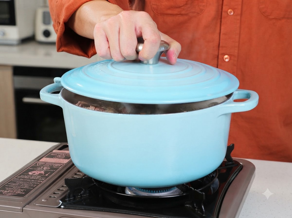 A person placing a matching blue lid onto a light blue ceramic pot on a portable stove.