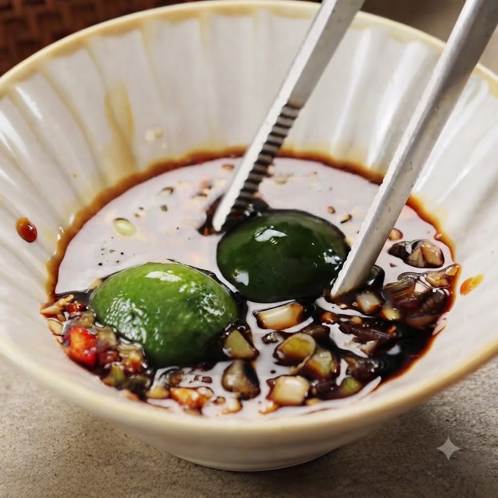 Tongs squeezing calamansi limes inside a bowl of dipping sauce ingredients.
