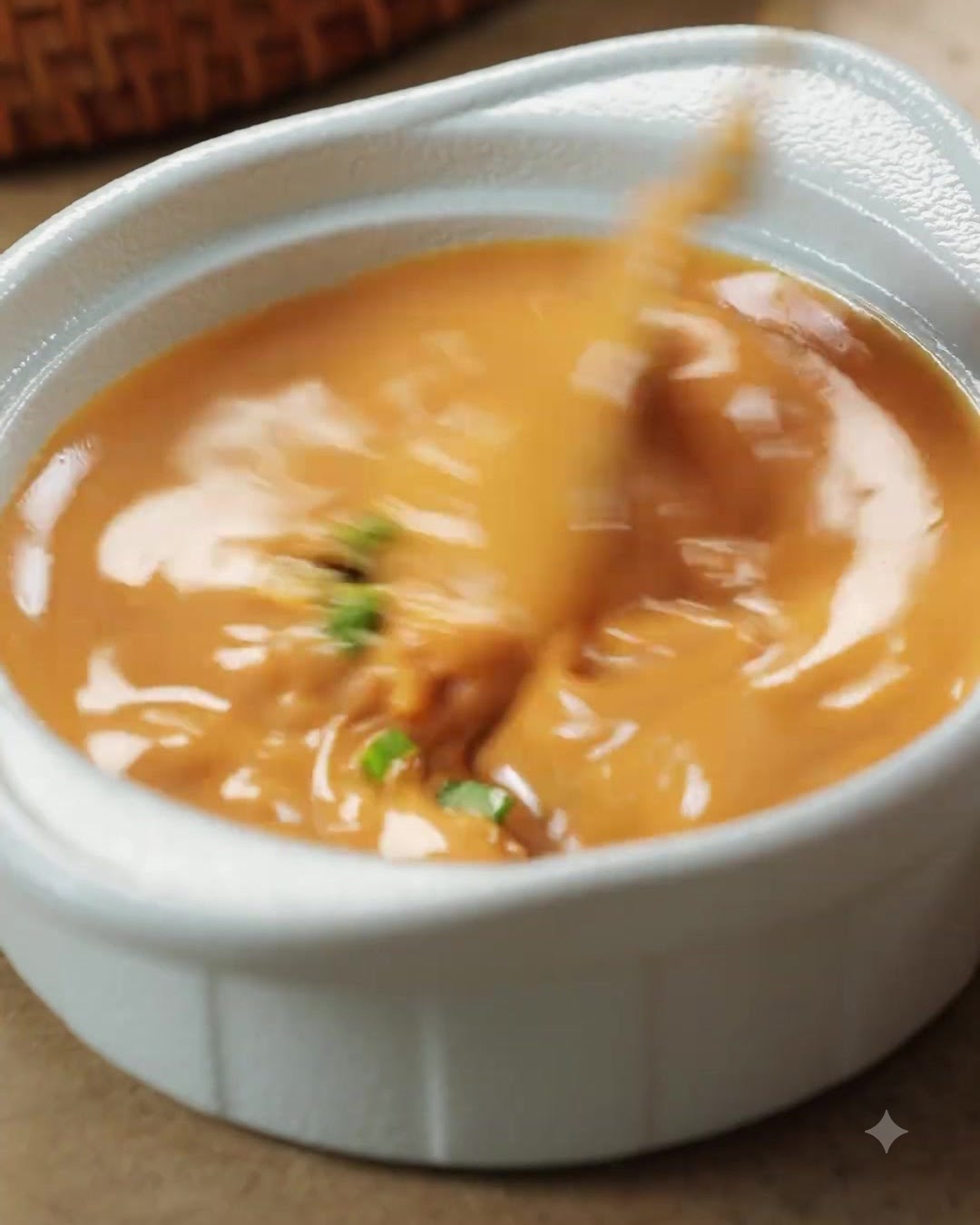 A spoon mixing a thick orange-brown sesame paste sauce in a small white bowl.
