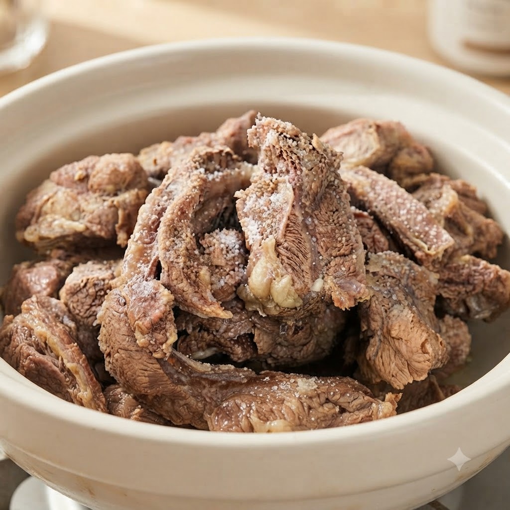 A close-up of cooked beef ribs sprinkled with coarse white salt granules.