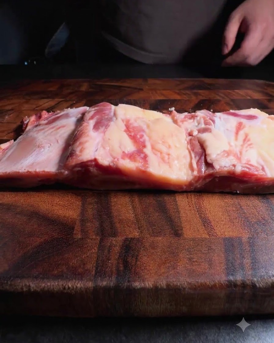 Beef ribs being sliced on a wooden board.