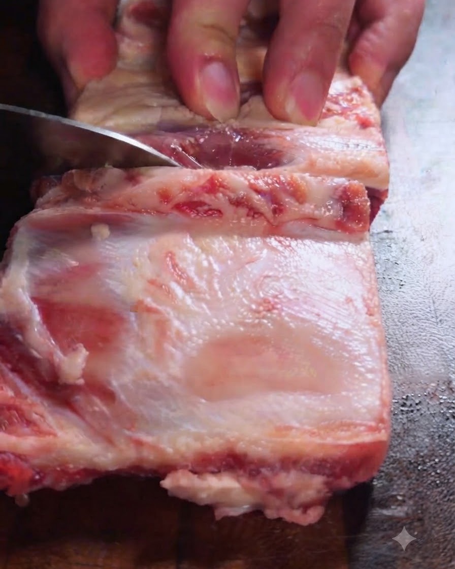 Beef pieces submerging in a pot of cold water.