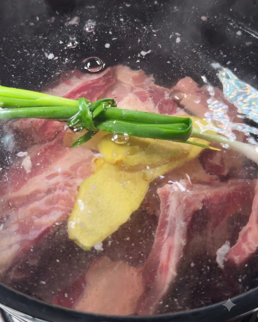 Scallions and ginger floating in the pot with beef.