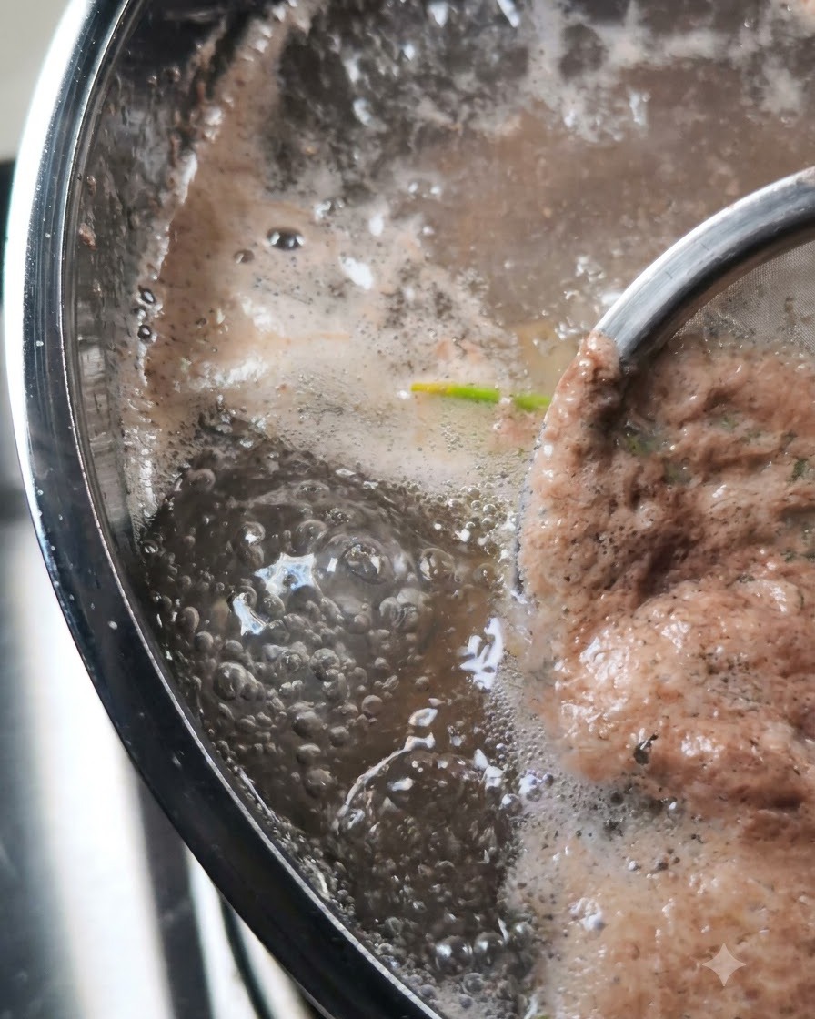 A skimmer removing foam from the bubbling pot.