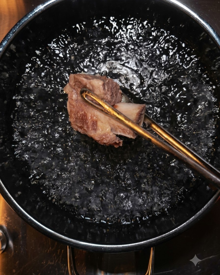 Tongs lifting a piece of beef from boiling water.