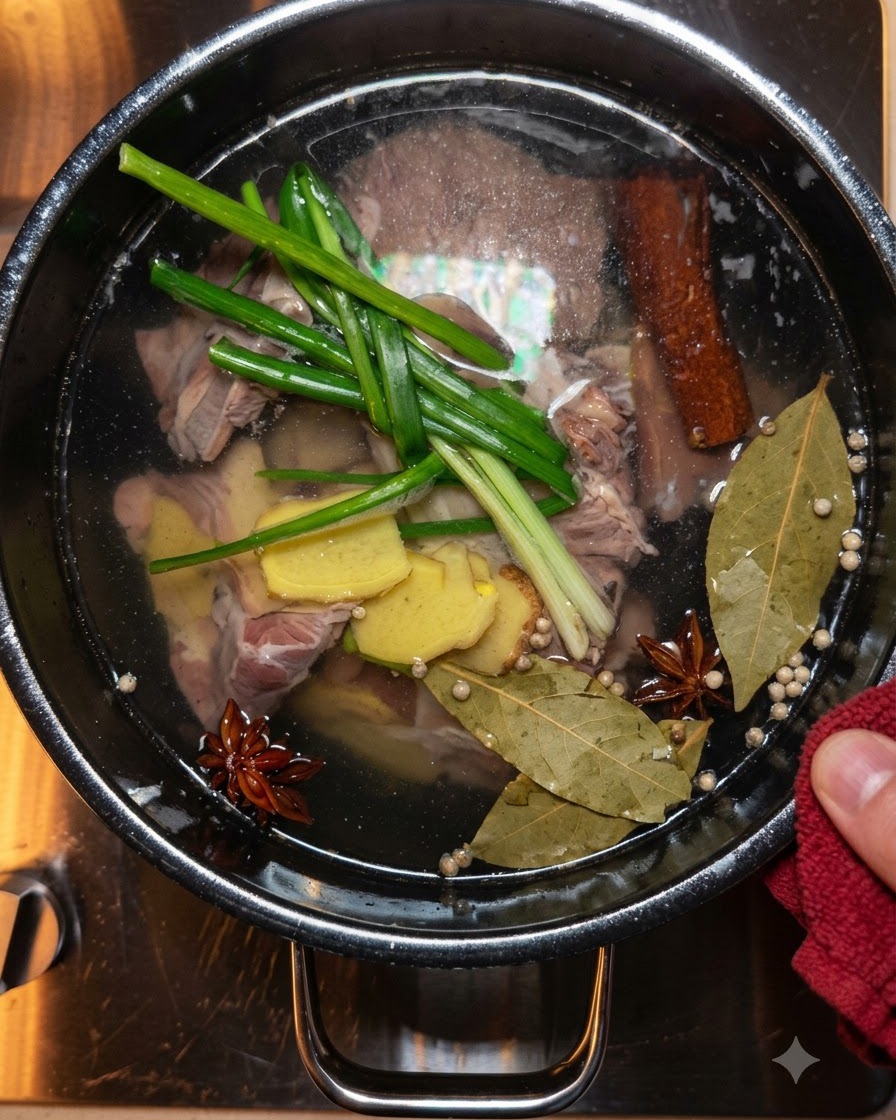 Spices and aromatics simmering in the pot with beef.