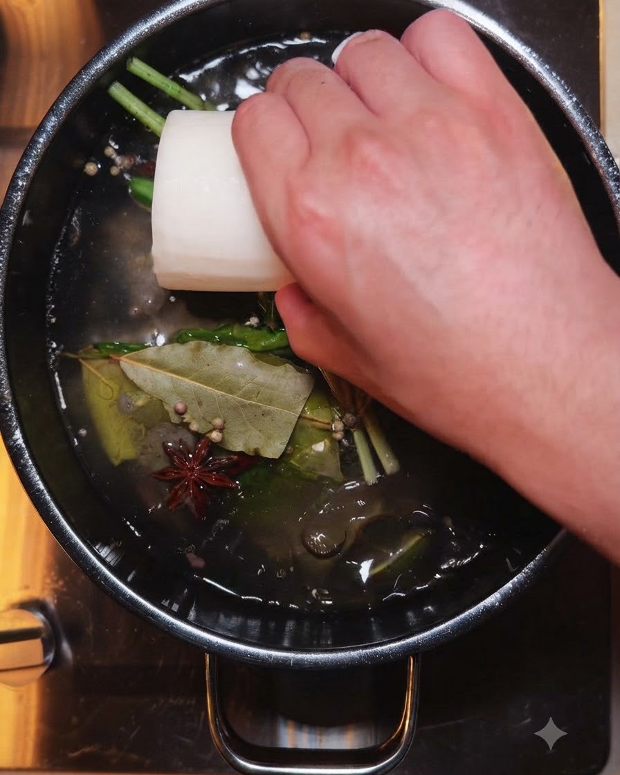 A whole white radish being dropped into a large dark cooking pot filled with broth and aromatic spices.