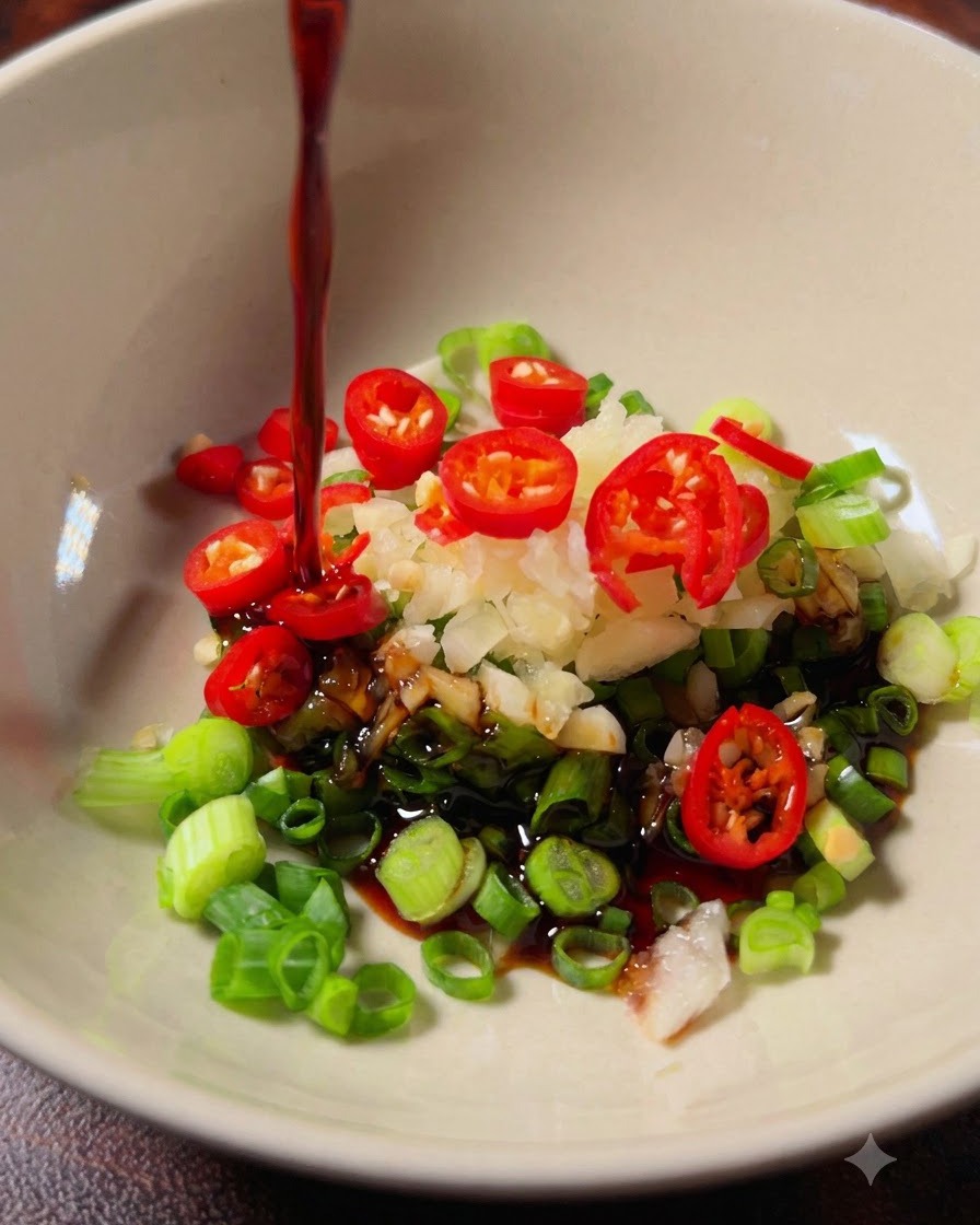 Dark liquid light soy sauce being poured in a circular motion over bowl contents.