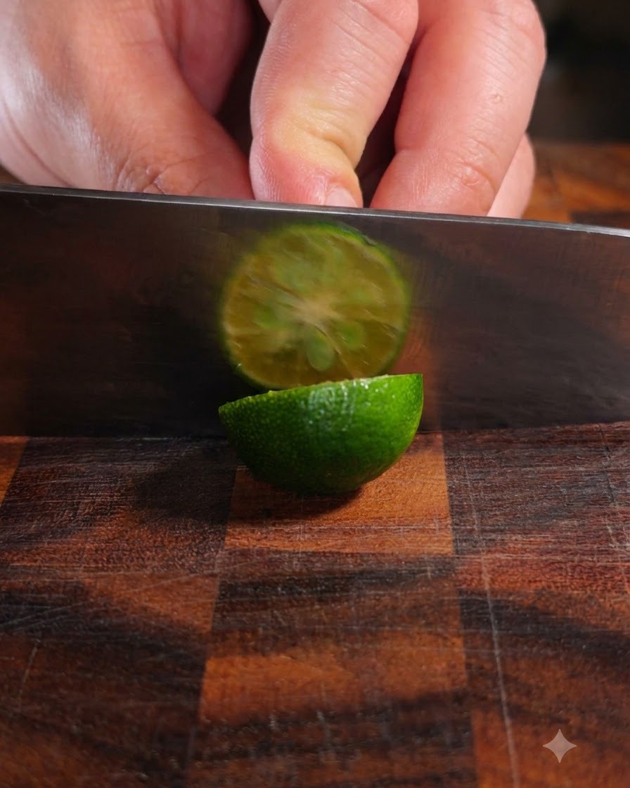 A sharp knife slicing through a fresh green kumquat on a wooden cutting board.