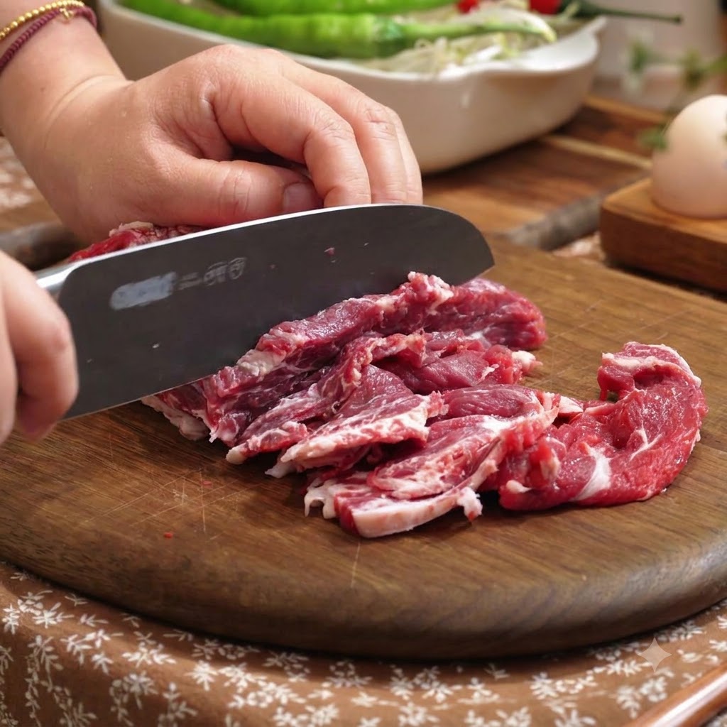 Thin slices of raw beef being cut with a sharp kitchen knife on a wooden board.