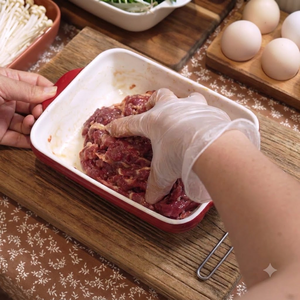 Gloved hand mixing seasonings and oil into sliced beef inside a red rectangular baking dish.