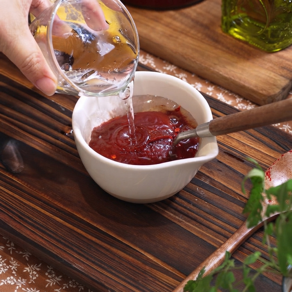 Water being poured from a glass container into a small white bowl containing Korean chili paste and spices.