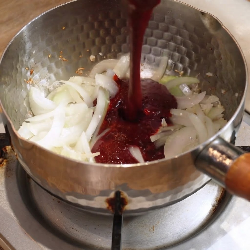 Red seasoning sauce being poured into a metal pot containing sautéed onions over a stovetop burner.