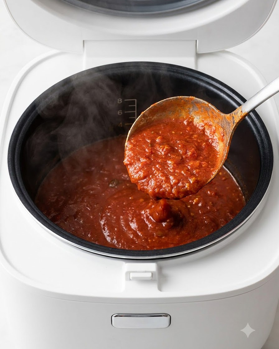 A ladle scooping rich red soup mixture into the black inner lining of a white electric rice cooker.