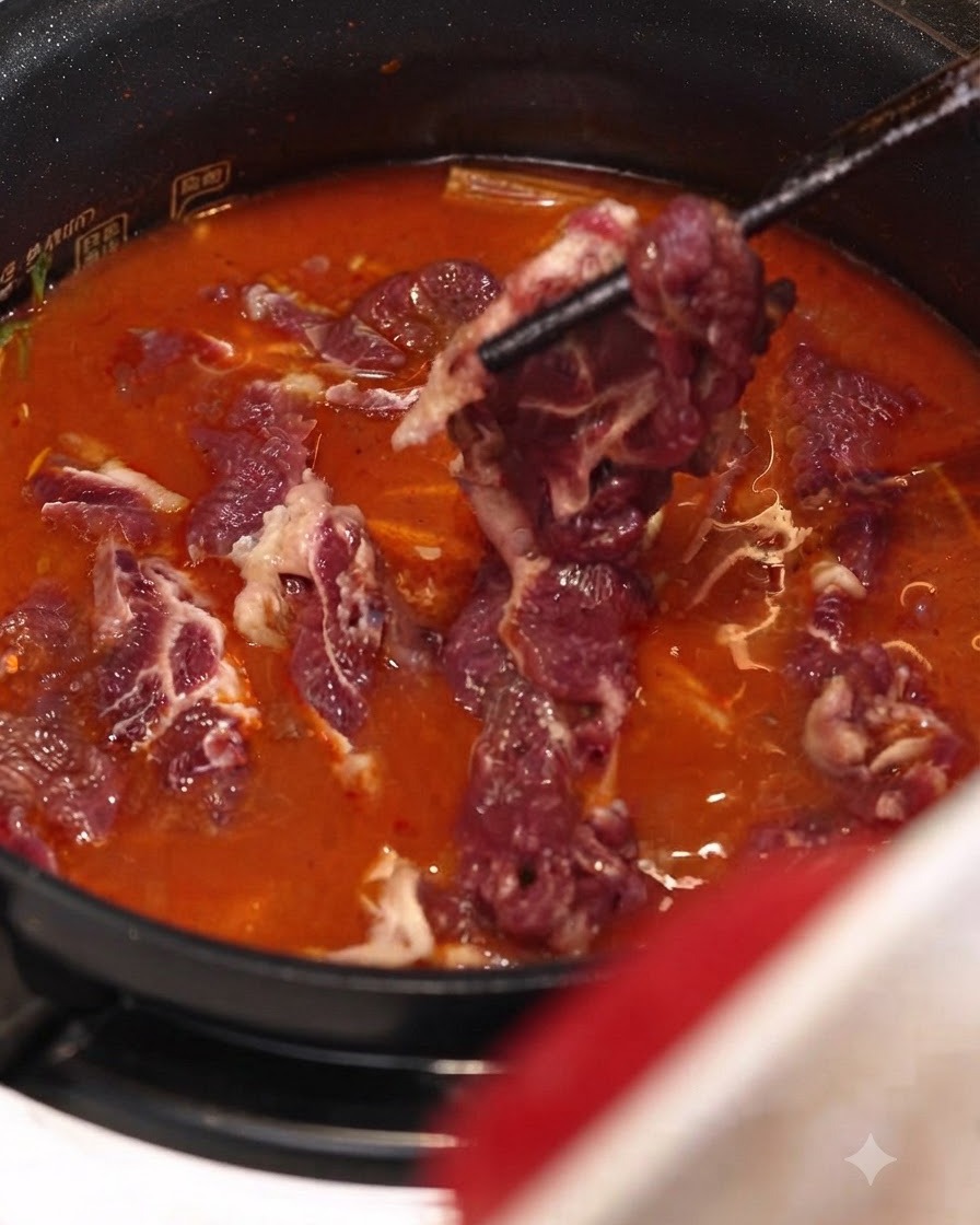 Bean sprouts and marinated beef slices being dropped into the bubbling red stew inside the cooker pot.