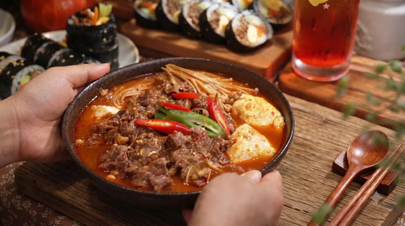 Spicy Korean Beef Tofu Stew with Teriyaki Beef Kimbap and Sunset Beer