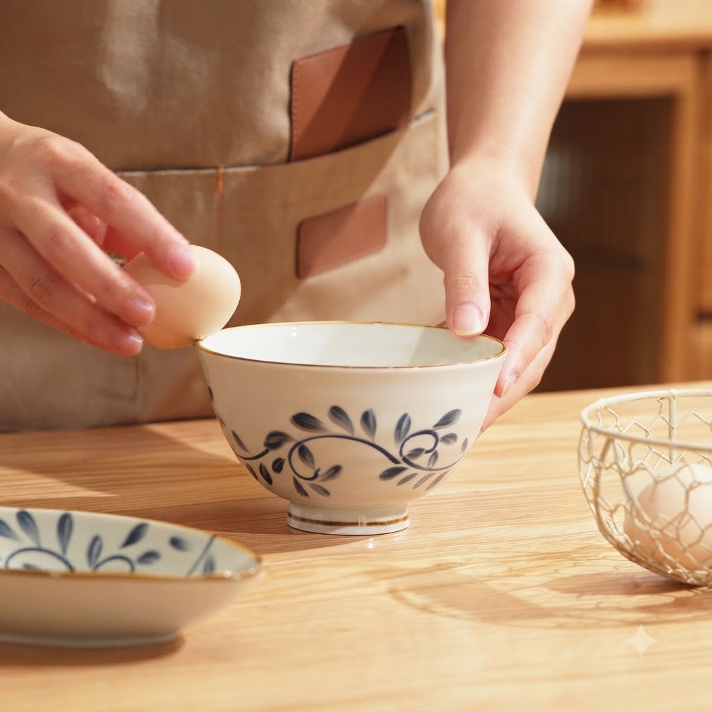 Hands cracking a raw egg on the rim of a small ceramic bowl.