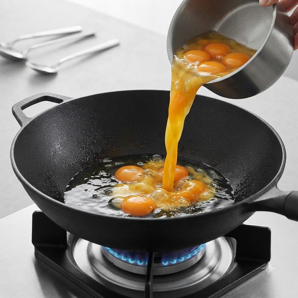Raw eggs being poured from a small metal bowl into hot bubbling oil in a black cast iron wok.