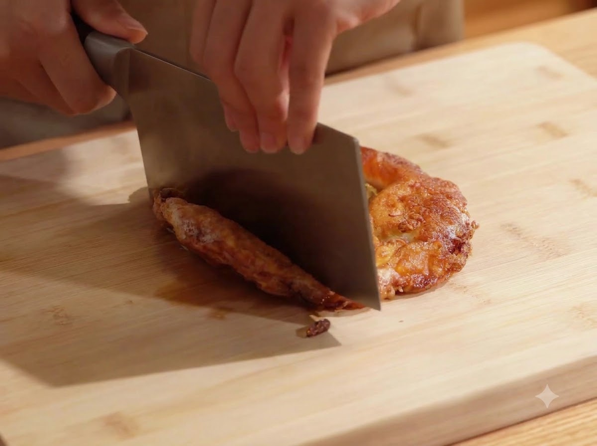 A person using a large metal cleaver to chop a fried egg into chunks on a wooden board.