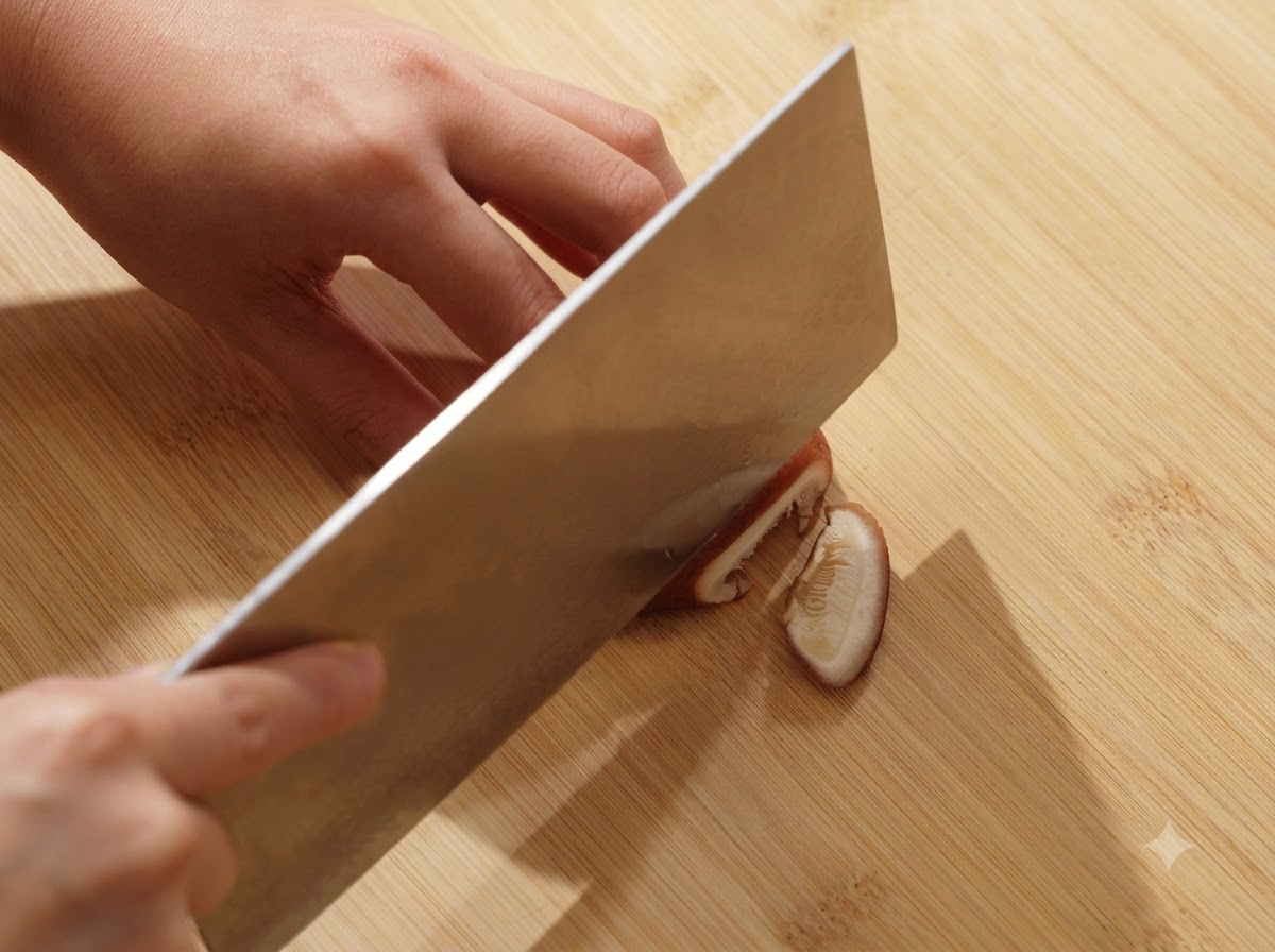 A hand slicing a fresh shiitake mushroom with a metal cleaver on a wooden board.
