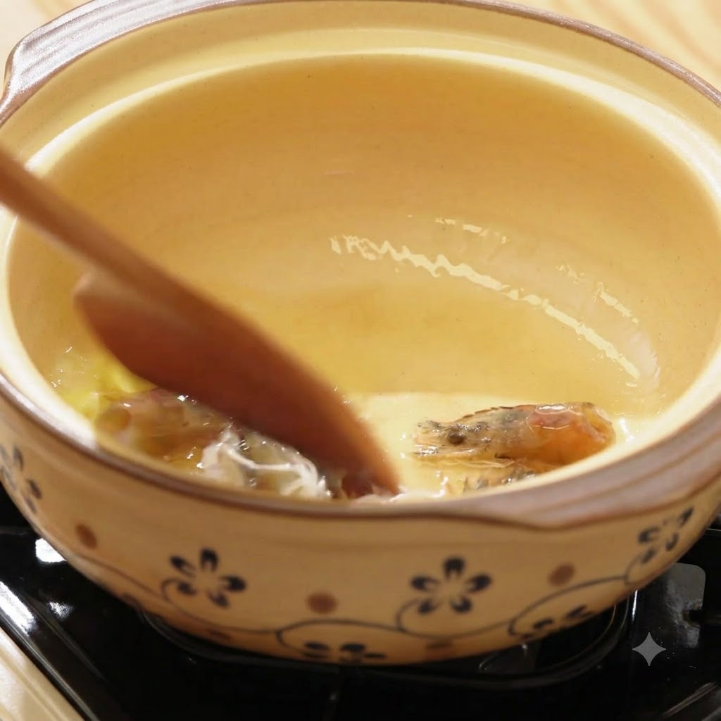 Shrimp heads and ginger being stir-fried in a clay pot to release orange shrimp oil.