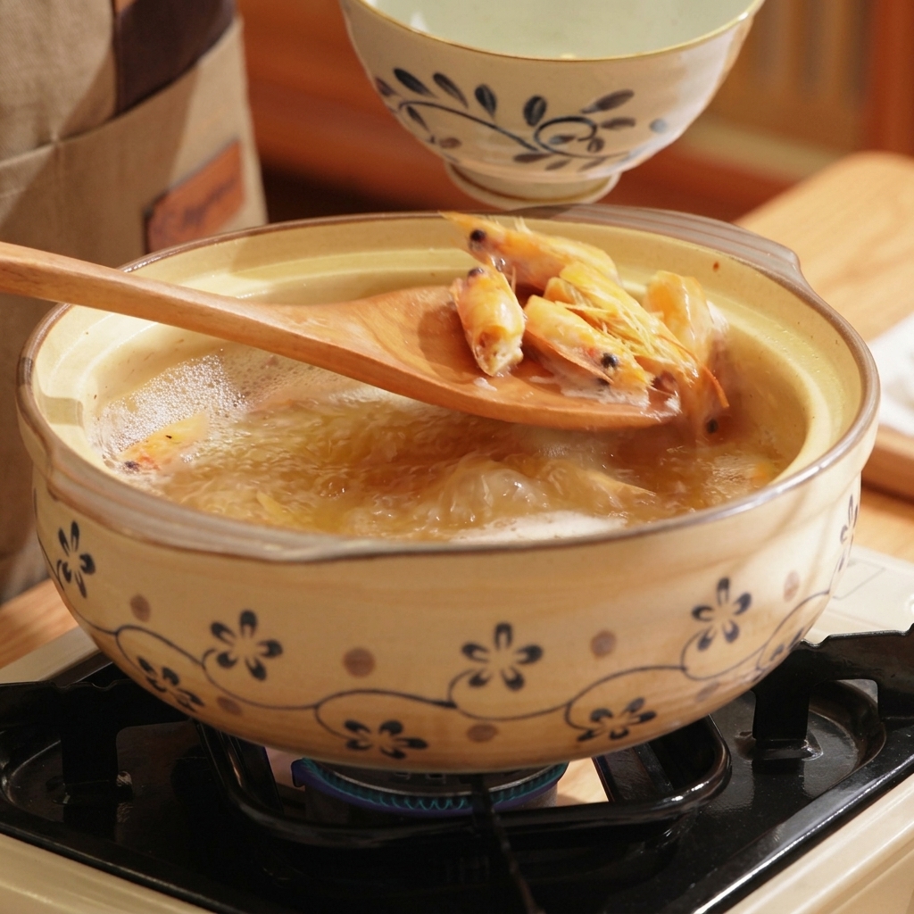 A wooden spoon lifting cooked shrimp heads out of a boiling pot of orange broth.