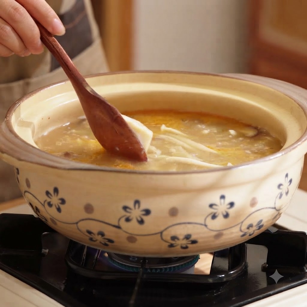 A wooden spoon scooping silken tofu into a simmering pot of mushroom soup.