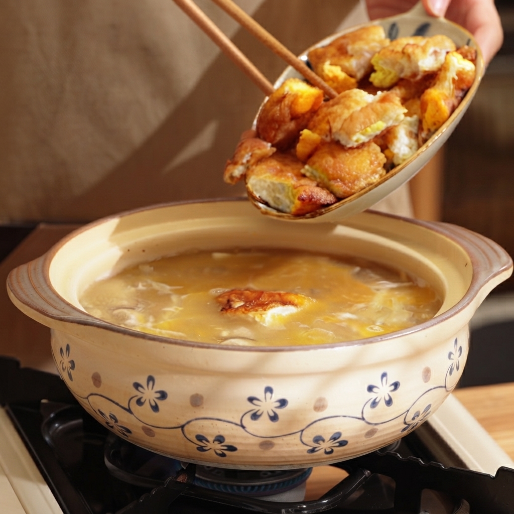 Sliding chopped fried egg pieces from a plate into a simmering clay pot of soup.
