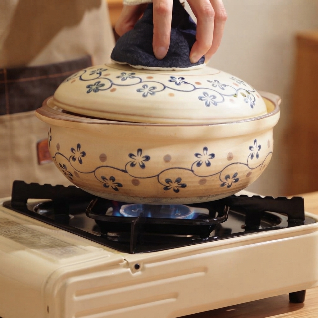 A decorated ceramic lid being placed onto a bubbling clay pot on a gas stove.