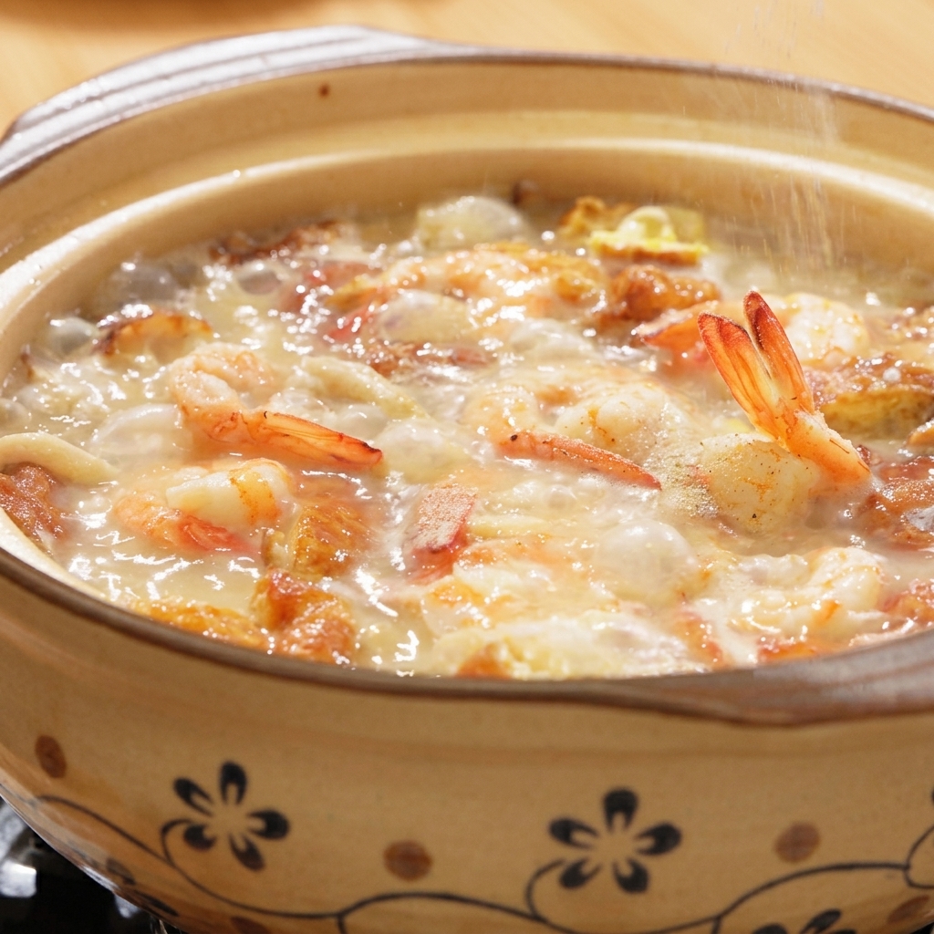 White pepper powder and salt being sprinkled into a simmering clay pot of soup.