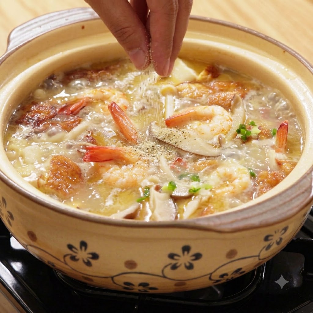 A hand sprinkling white pepper and salt into a bubbling clay pot of mushroom and shrimp soup.