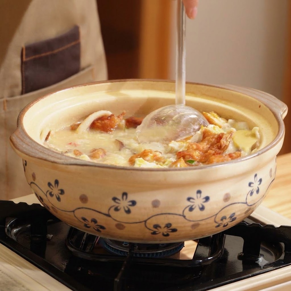 A clear ladle gently stirring a milky white clay pot filled with shrimp, mushrooms, and fried egg chunks.