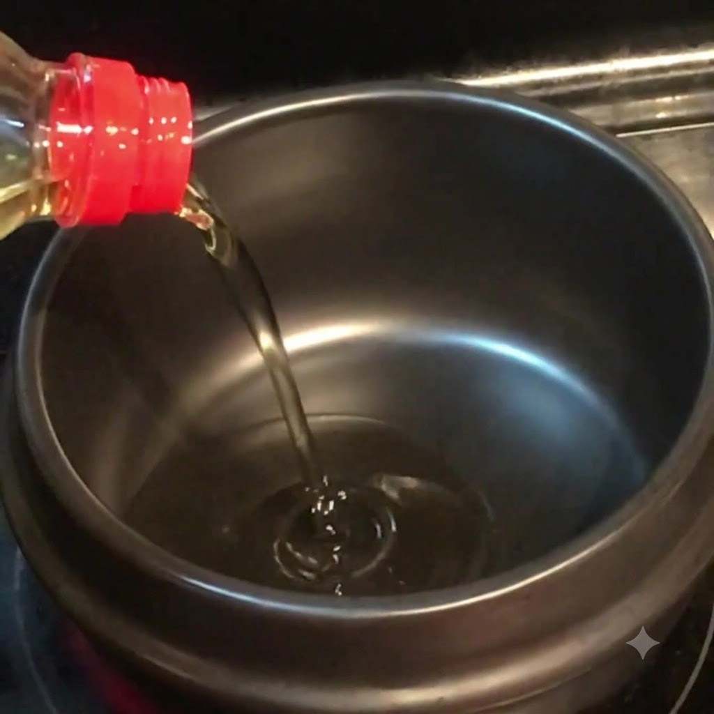Vegetable oil and sesame oil being poured into a dark stone pot on a burner.