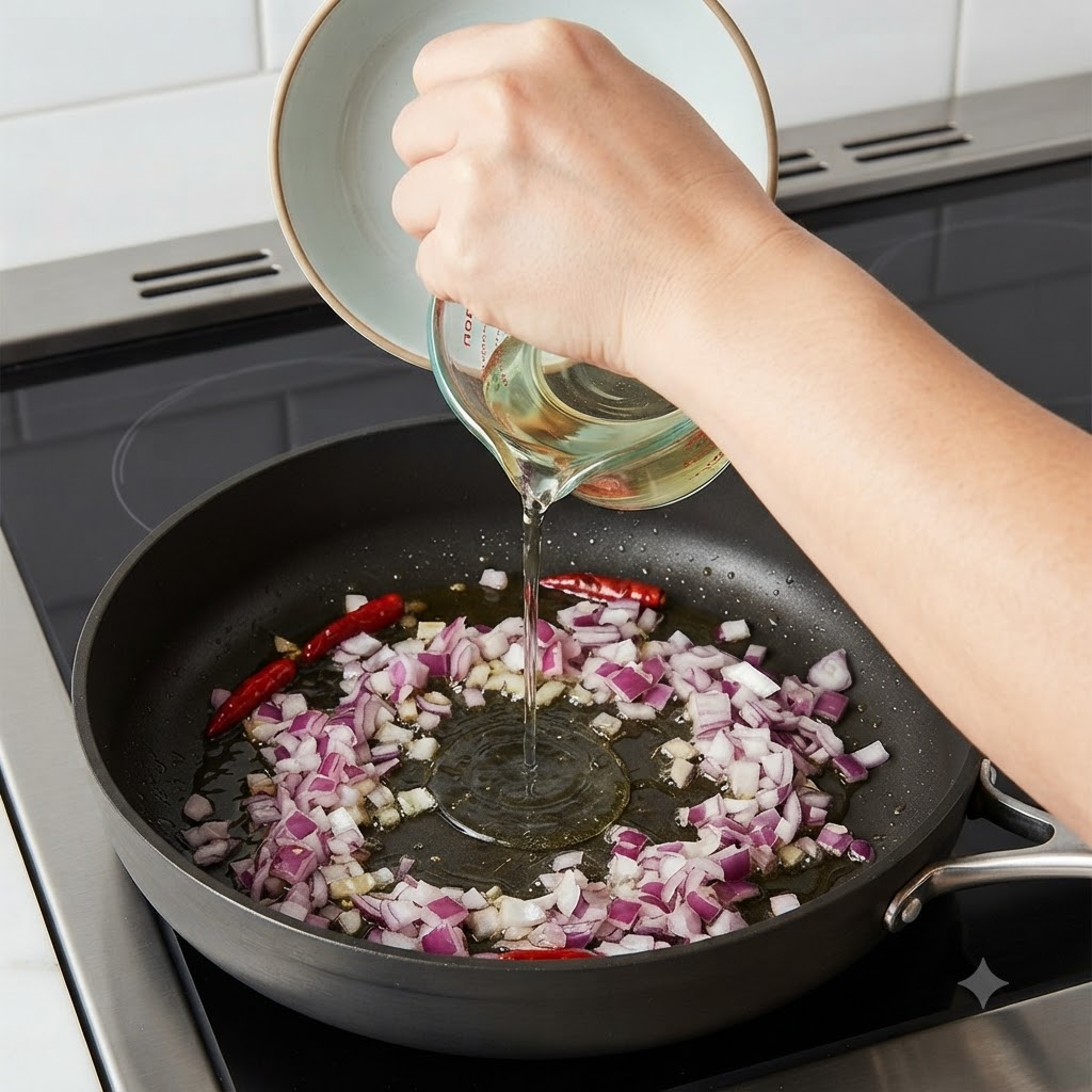 Chopped red and green onions frying in hot oil inside a black pan.