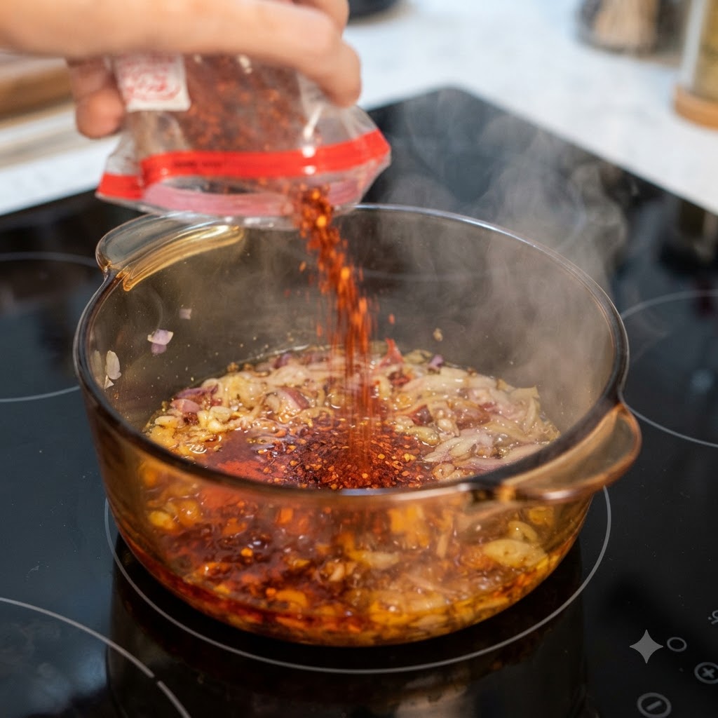 Coarse and fine chili powder being poured from a pouch into a pot filled with sautéed onions and oil.