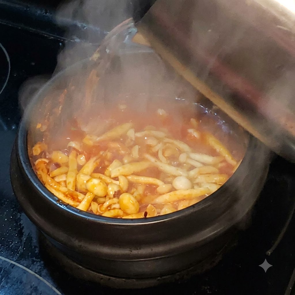 Hot water being poured from a metal kettle into a simmering stone pot filled with mushrooms and chili oil.