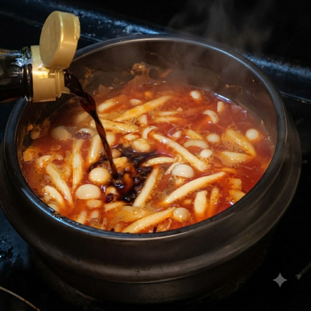 Light soy sauce being poured from a bottle into a bubbling red broth containing seafood mushrooms.