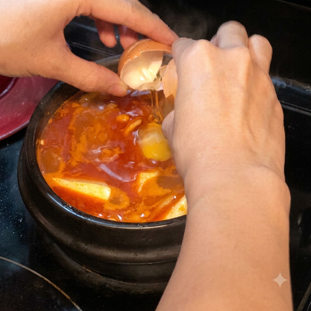 An egg being cracked directly into the simmering red soup containing soft tofu and mushrooms.
