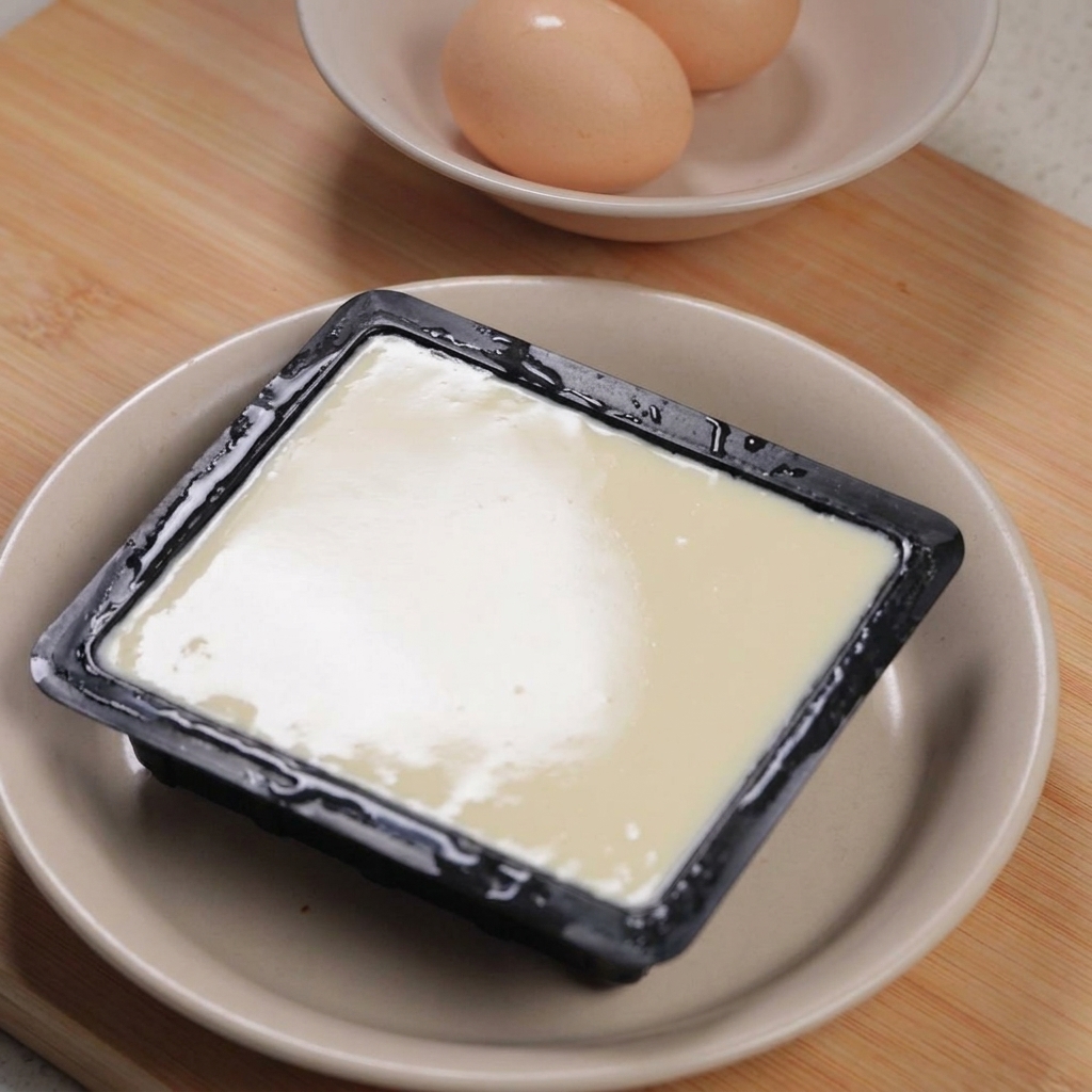 A package of silken tofu in a bowl next to a small bowl containing two raw eggs on a wooden surface.