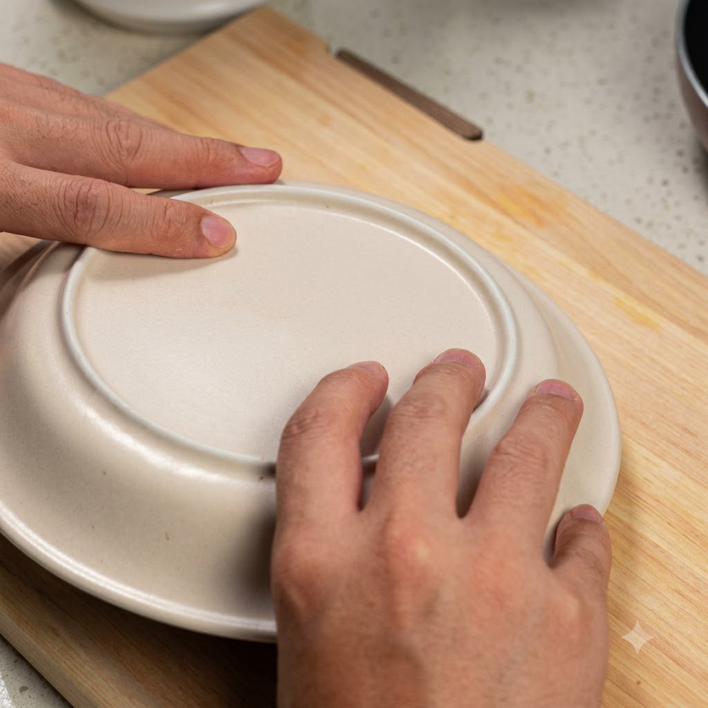 Hands holding a white plate upside down over a packaged block of silken tofu on a wooden board.