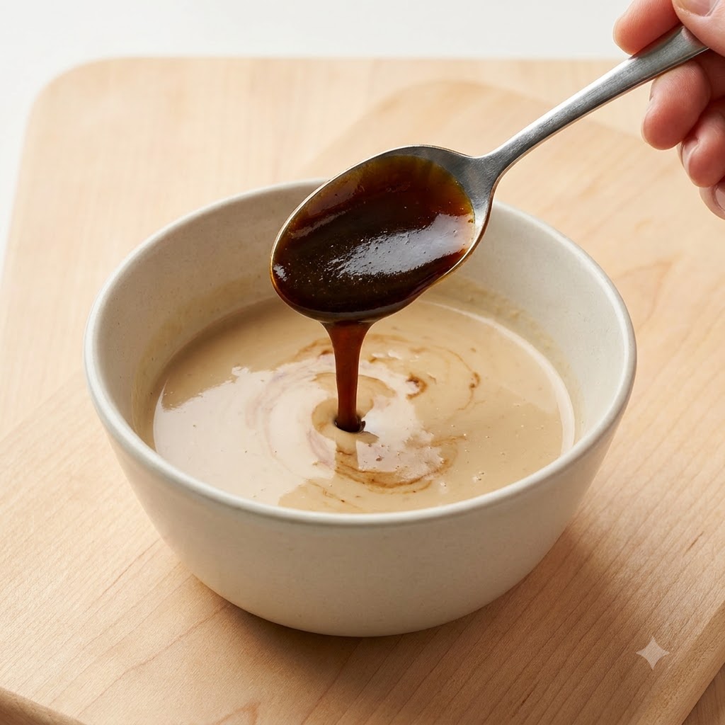 Light soy sauce being poured from a spoon into a bowl of creamy beige sesame dressing and black pepper.