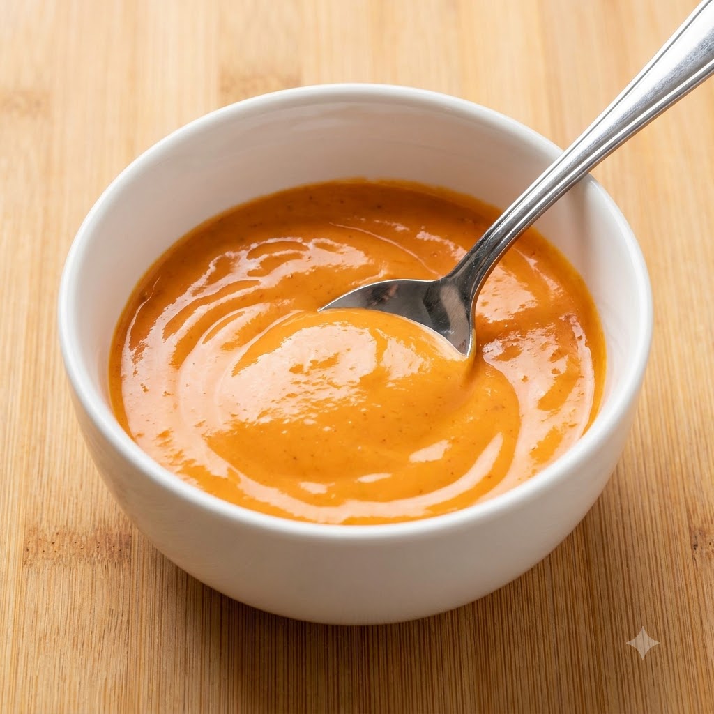 A spoon stirring a smooth, orange-beige mixture of sesame sauce in a white bowl.