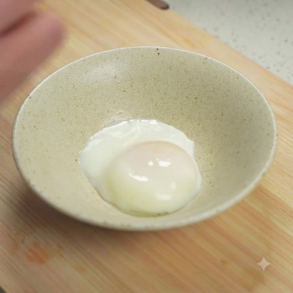 A freshly peeled soft-boiled egg resting inside a small ceramic bowl on a wooden board.