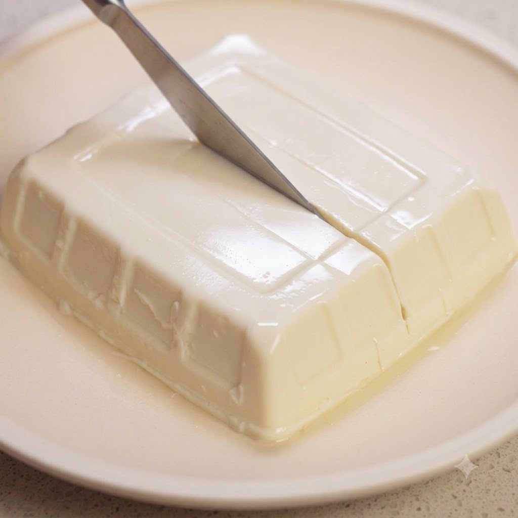 A kitchen knife cutting a block of white silken tofu into neat grid squares on a light-colored plate.