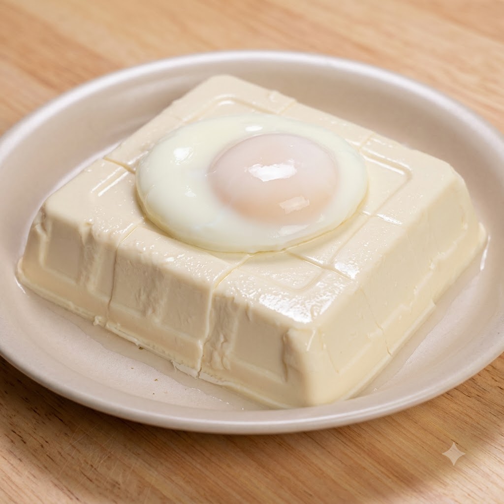 A soft-boiled egg resting on top of a squared block of silken tofu on a plate.